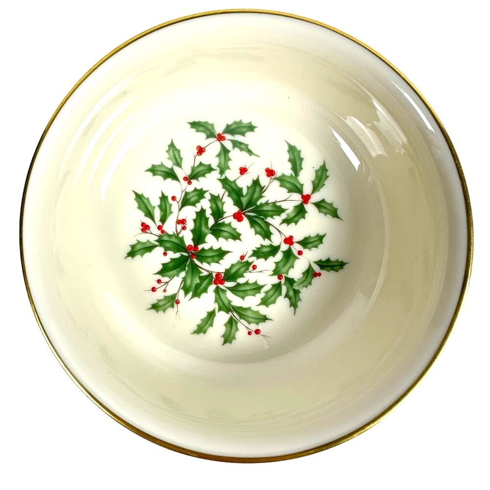 Lenox Holiday Dimension Holly Berries Gold Rim 5.25" Dessert Bowl